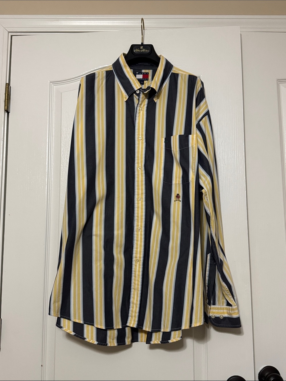Tommy Hilfiger Men's Navy, Yellow & White Vertical Stripe Button-Down Shirt